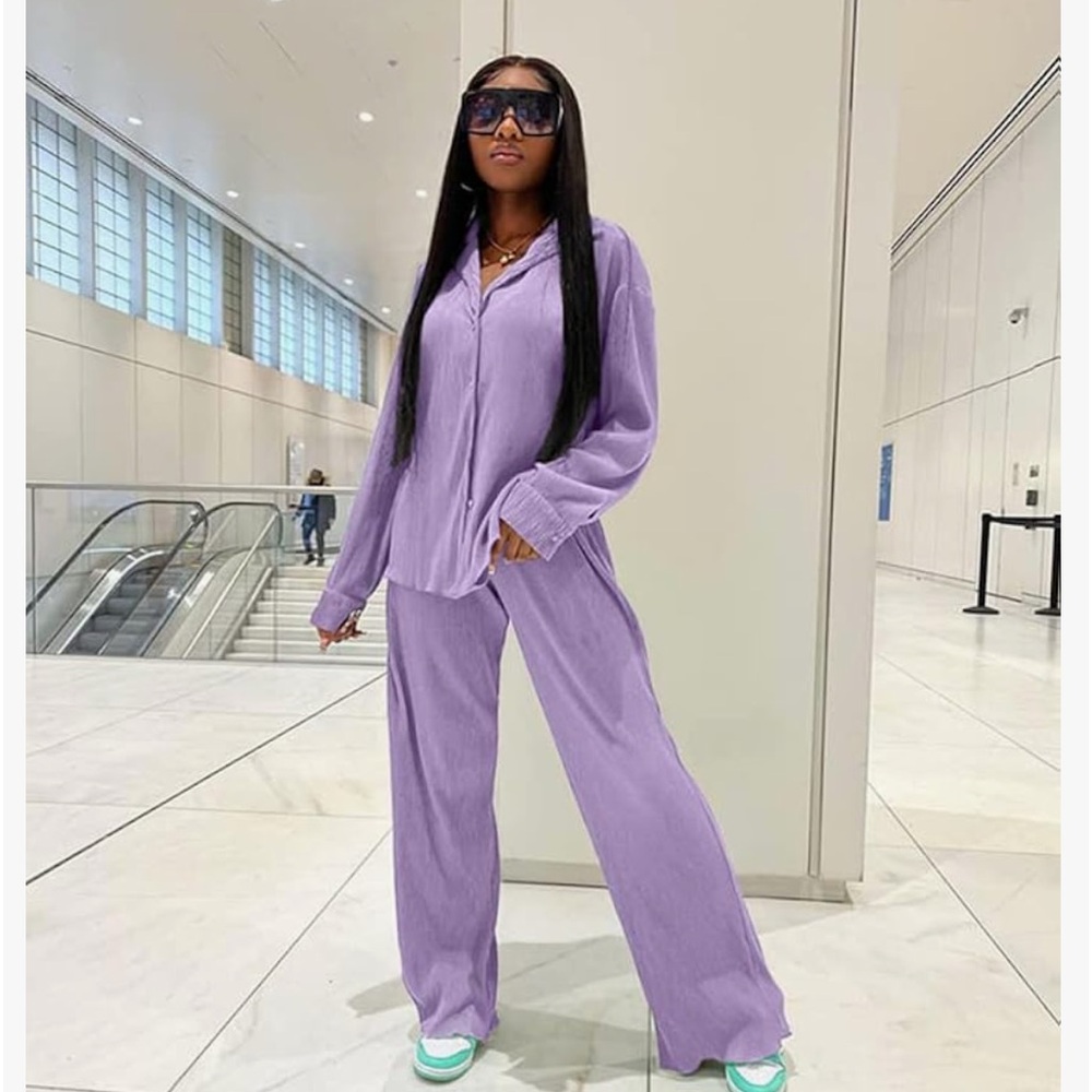 Light purple plisse pleated pant set
